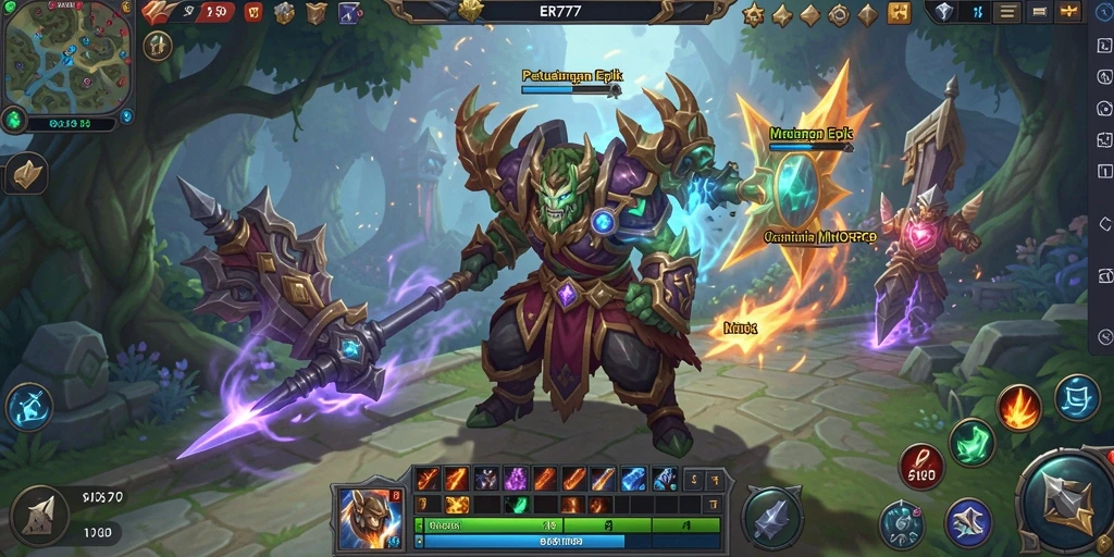 Screenshot gameplay menunjukkan pejuang beraksi dalam pertempuran epik MMORPG.