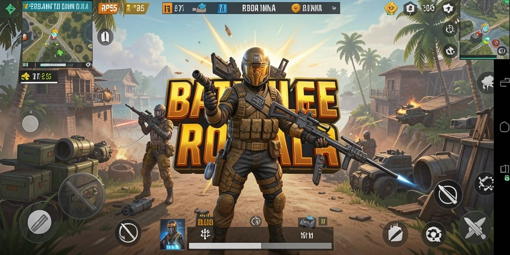Tangkapan layar utama RP55 menampilkan aksi seru di medan perang Battle Royale.