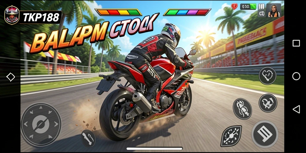 Tangkapan layar gameplay TKP188 menampilkan balapan motor yang seru di trek menantang.